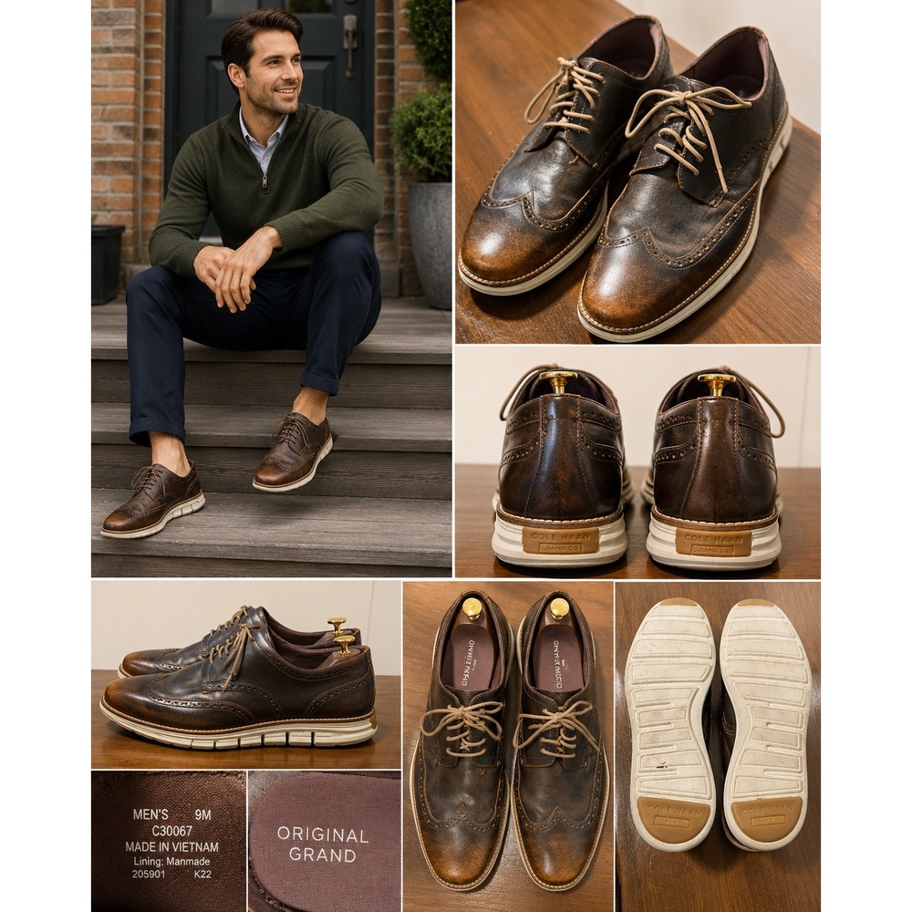 Cole Haan Mens Original Grand Wingtip Oxford Brown Leather Shoes C30067 Size 12
